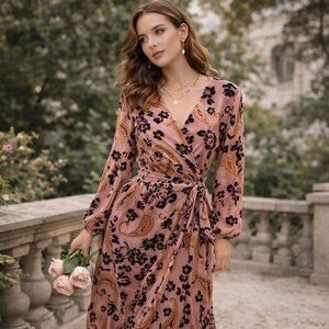 Adelyn Rae Velvet Burnout Paisley Wrap Midi Dress | Boho Romantic | L